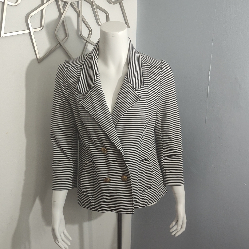 CAbi Navy and White Striped Double-Breasted Blazer
